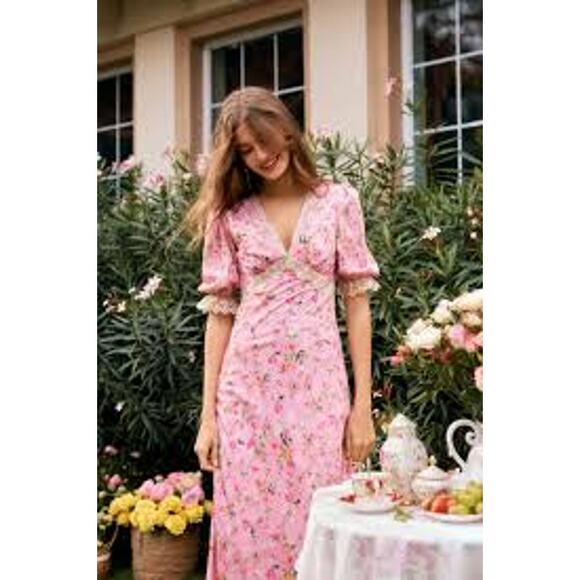 NEW Lait Collection Pink Floral Puff Sleeve Ruffle Lace  A Line Maxi Dress XS - Picture 1 of 6
